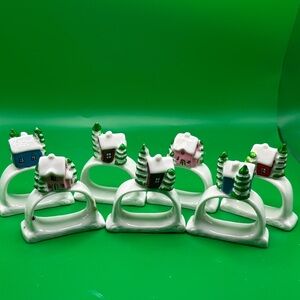 Set of 7 Festive Ceramic Napkin Rings with Houses